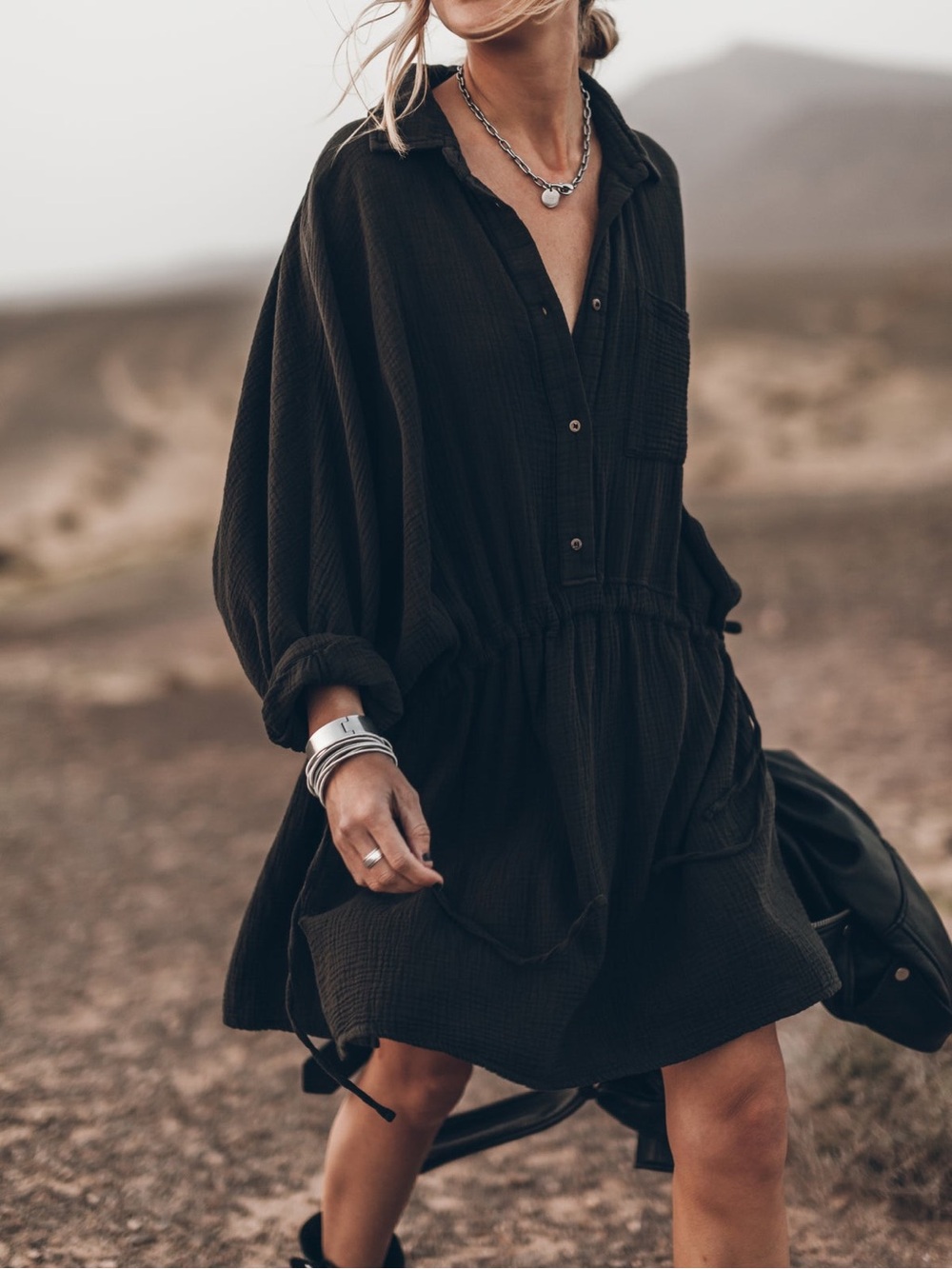 Black Button-Front Casual Shirt Dress